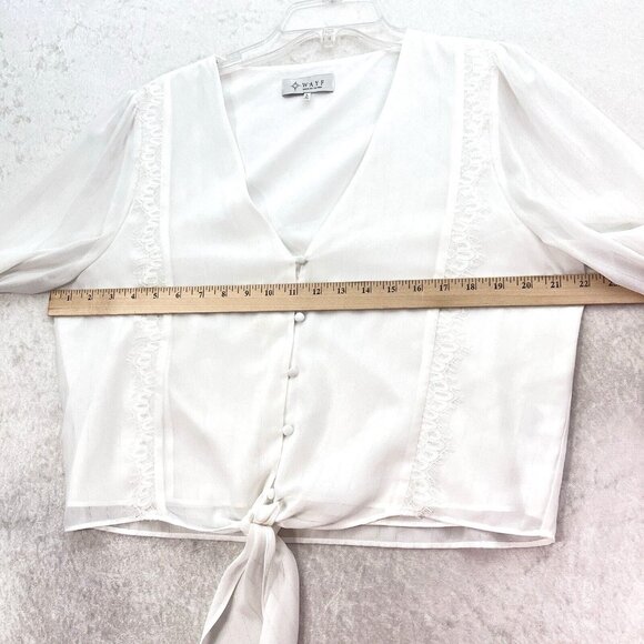 WAYF White Blouse Womens Size Large V-Neck Lace Trim Knotted Cropped Feminine - Picture 9 of 14